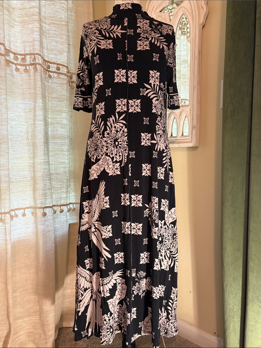 Johnny Was Black and White Floral-Geometric Maxi Dress